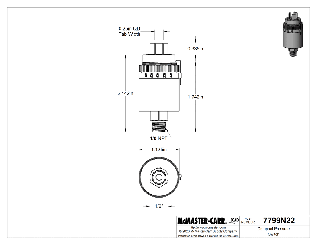 Technical Drawing of Compact Pressure Switch, Quick-Disconnect, 1/8 NPT, 100-800 PSI Setpoint.